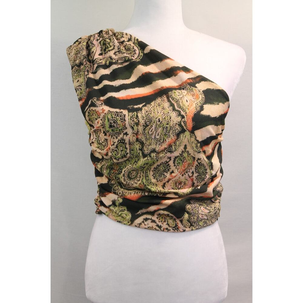 Womens Crop One Shoulder Multi Media Print Top size 6 Beige Green Ruched Zip Up